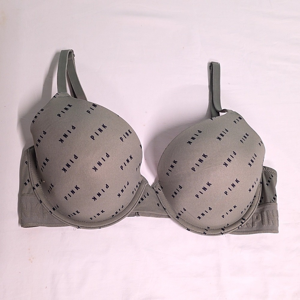 PINK Victoria's Secret T-Shirt Bra 36C Green Logo Wear Everywhere Lightly Lined